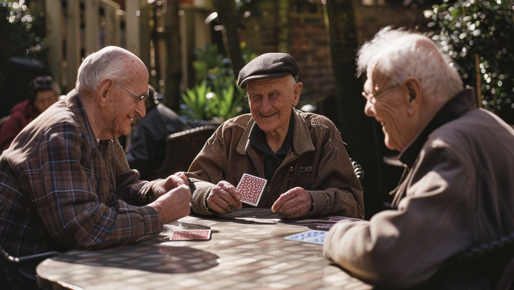 men playing cards in a courtyard