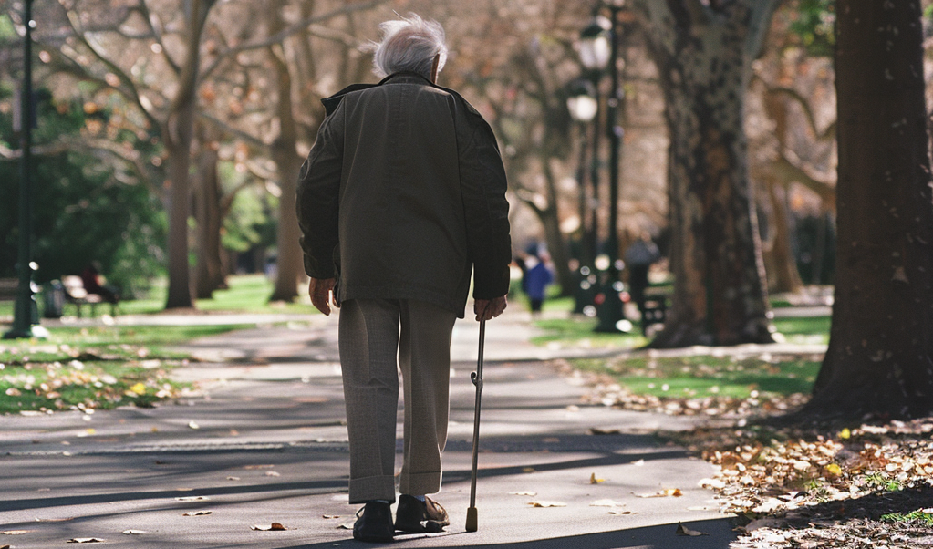 an older person using a walking cane